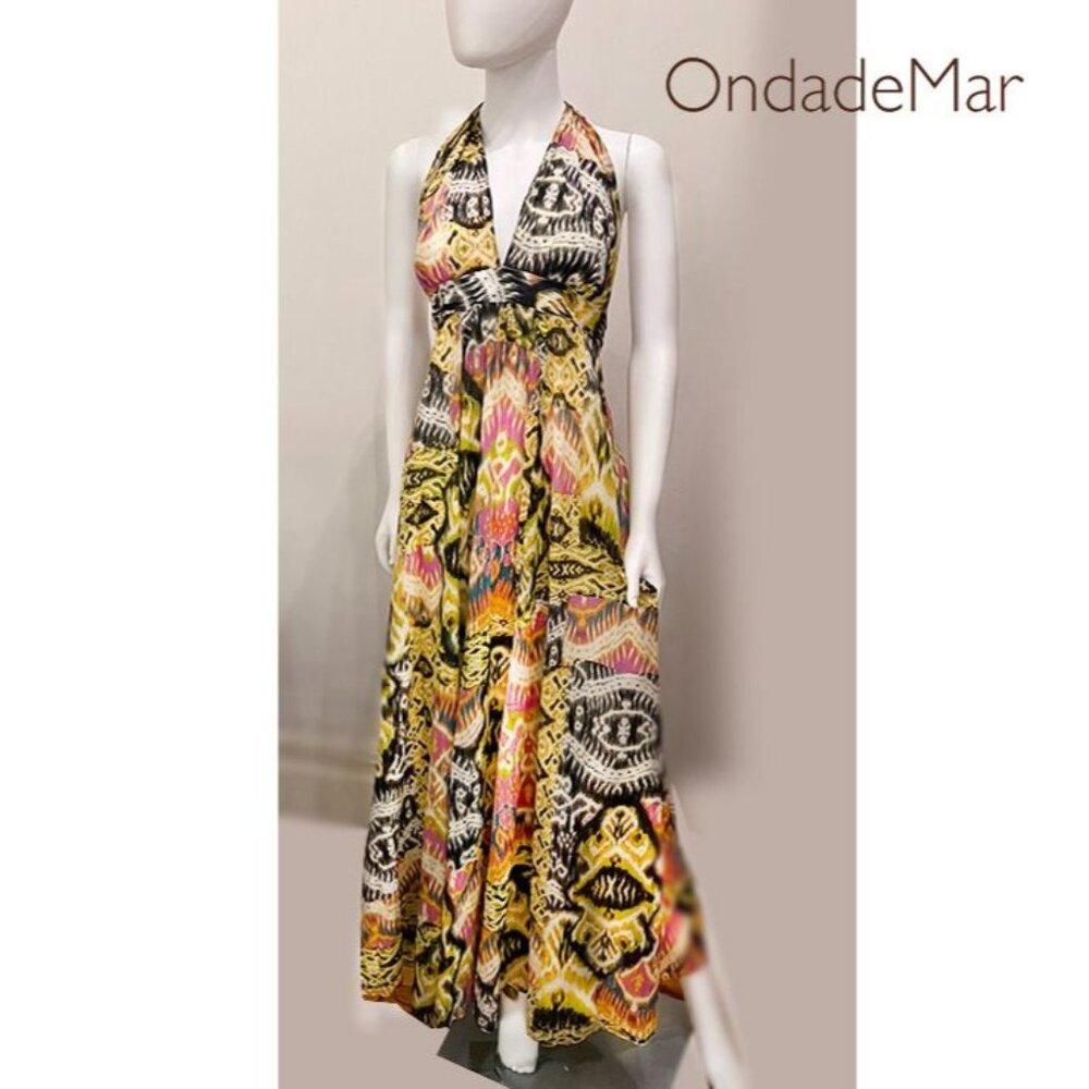 OndadeMar Vacay-ready bright cotton Ikat print maxi dress, M
